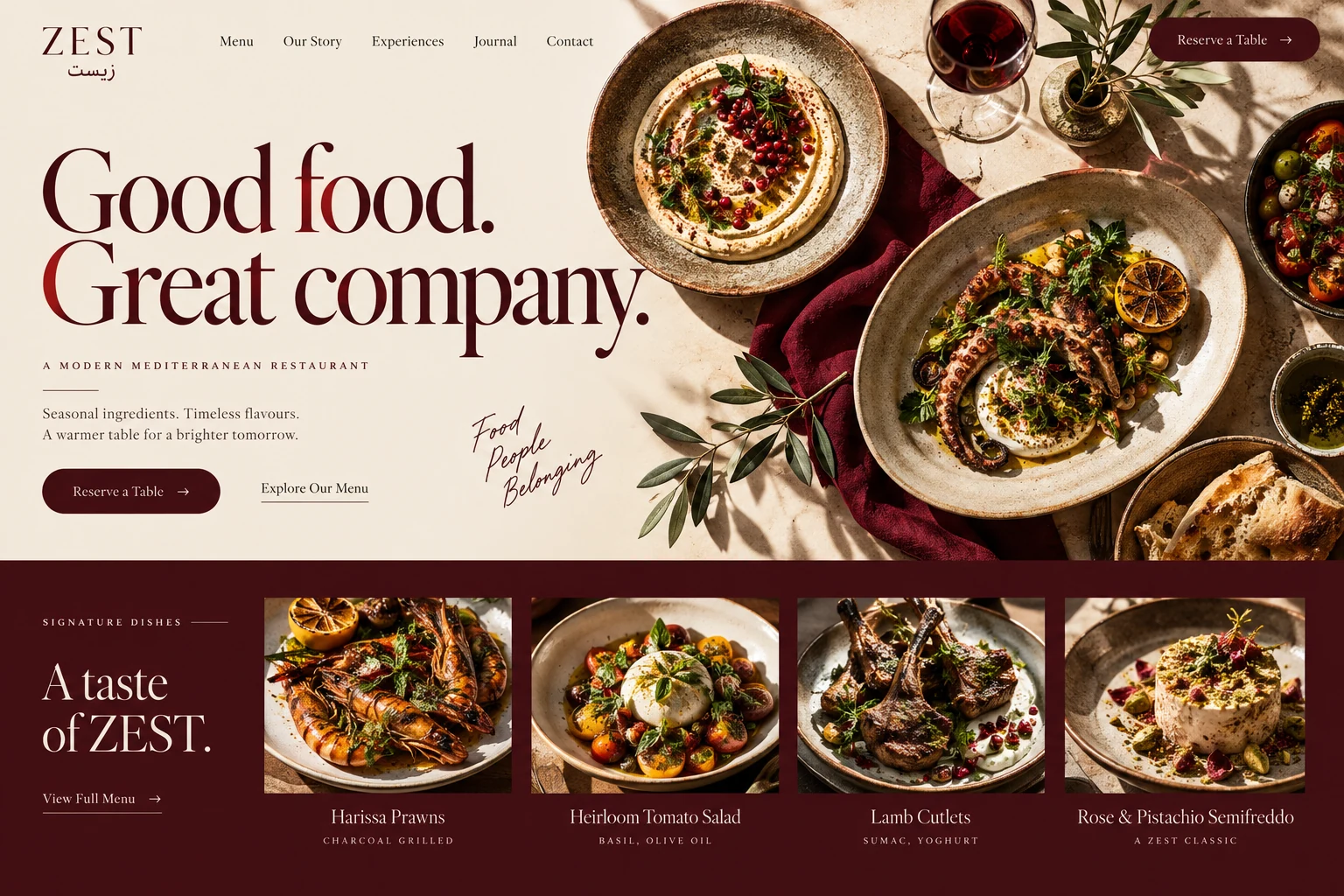 Zest restaurant website design